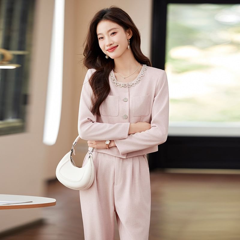 Round Neck Plain Single Breasted Blazer / Mid Waist Plain Wide Leg Dress Pants