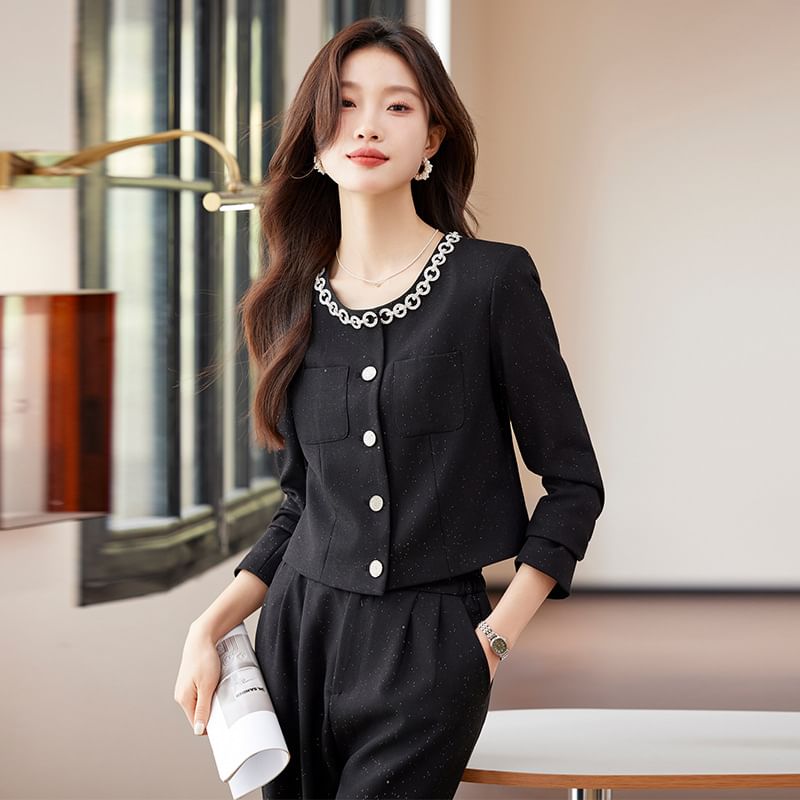 Round Neck Plain Single Breasted Blazer / Mid Waist Plain Wide Leg Dress Pants