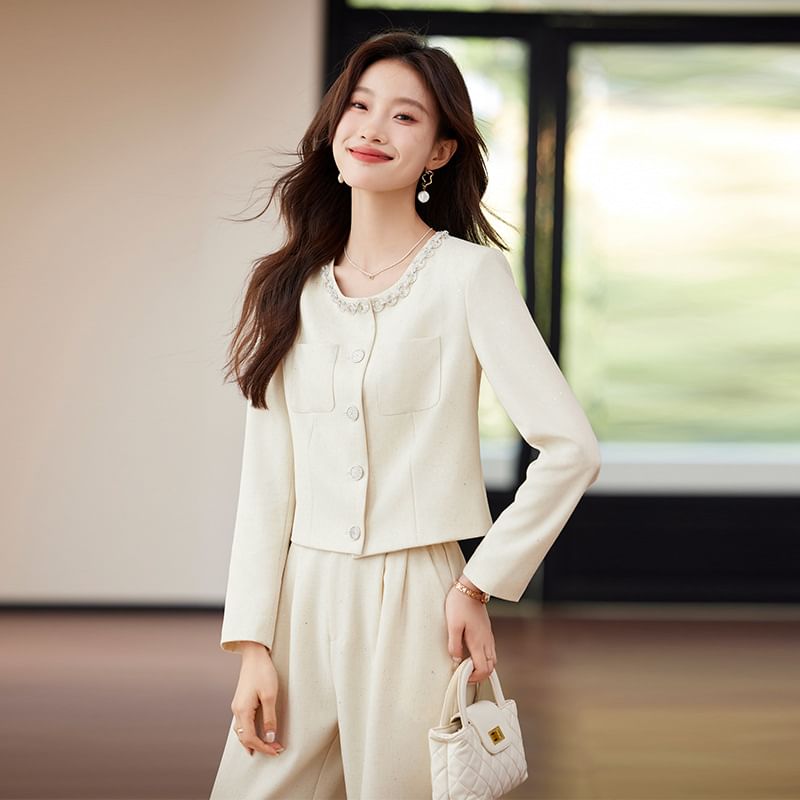 Round Neck Plain Single Breasted Blazer / Mid Waist Plain Wide Leg Dress Pants