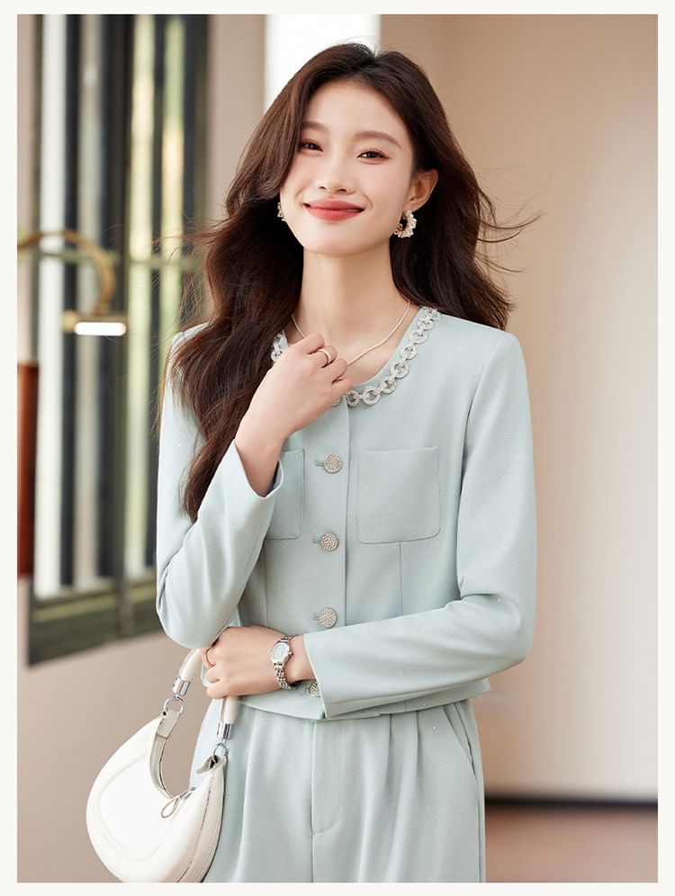 Round Neck Plain Single Breasted Blazer / Mid Waist Plain Wide Leg Dress Pants