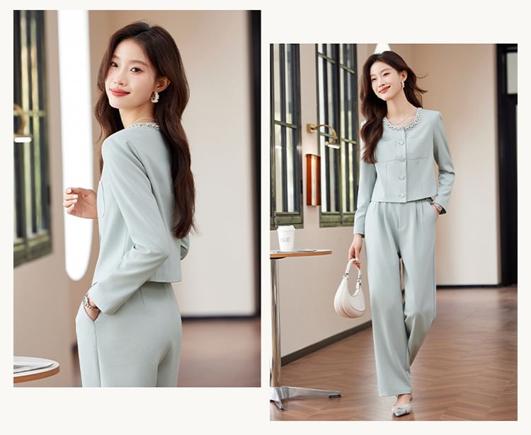 Round Neck Plain Single Breasted Blazer / Mid Waist Plain Wide Leg Dress Pants