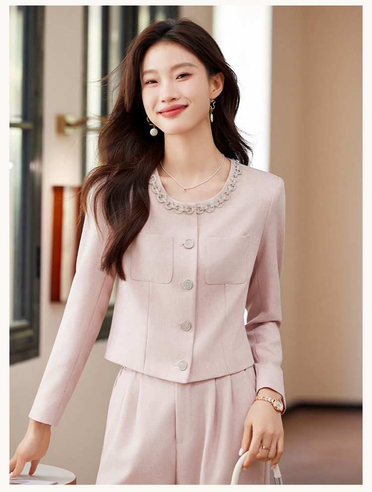 Round Neck Plain Single Breasted Blazer / Mid Waist Plain Wide Leg Dress Pants