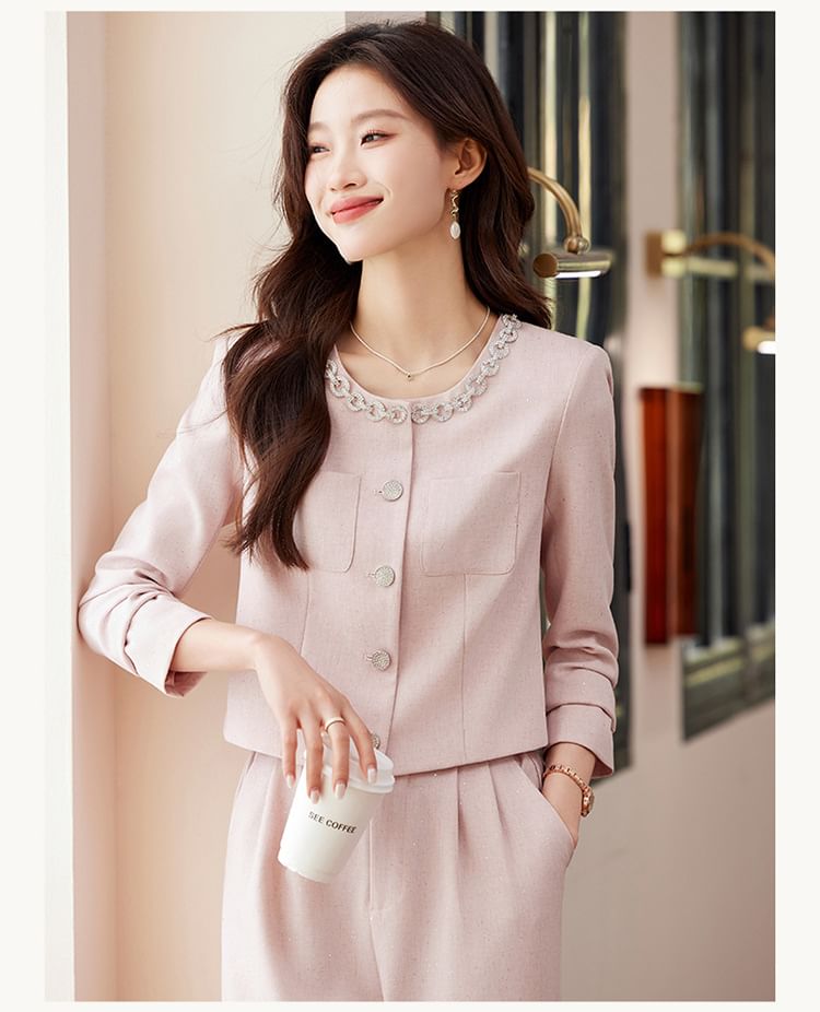 Round Neck Plain Single Breasted Blazer / Mid Waist Plain Wide Leg Dress Pants