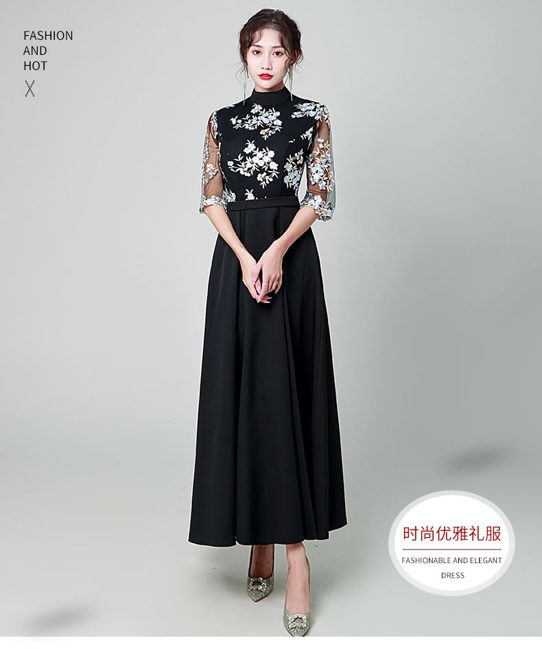 Elbow-Sleeve Lace Overlay Maxi A-Line Dress
