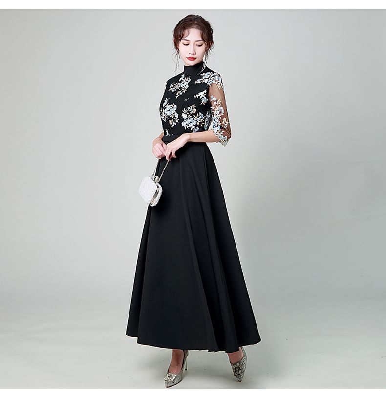 Elbow-Sleeve Lace Overlay Maxi A-Line Dress
