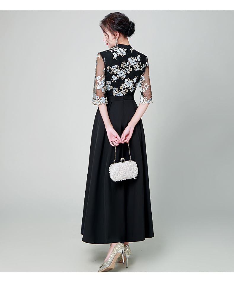 Elbow-Sleeve Lace Overlay Maxi A-Line Dress
