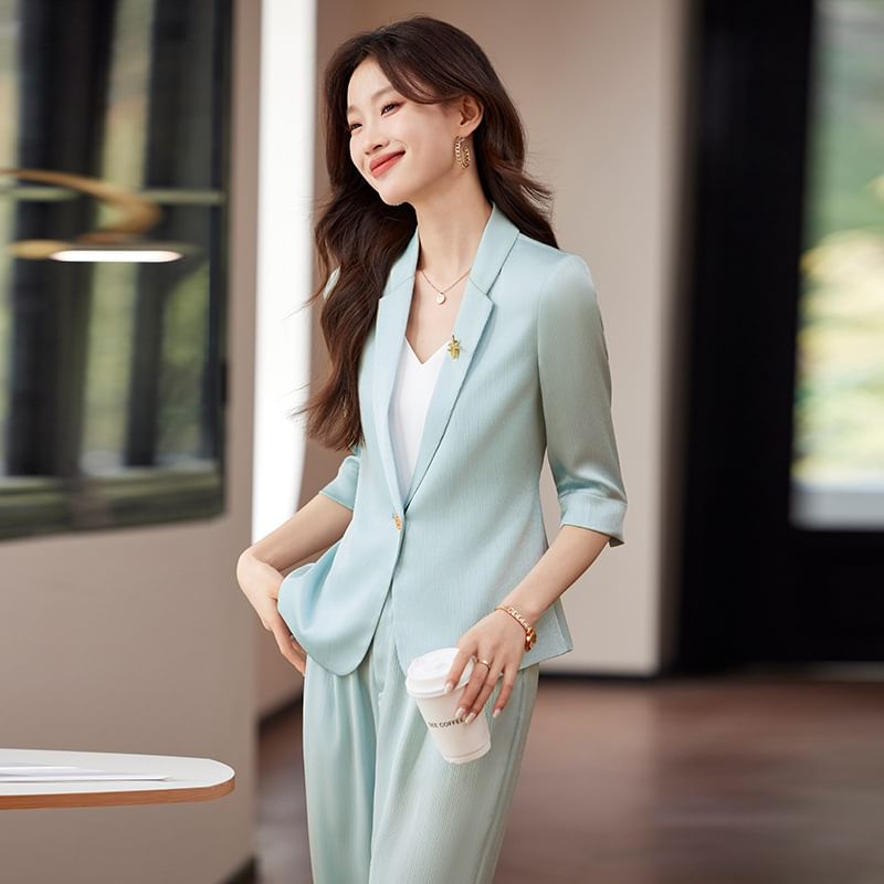 Elbow Sleeve Lapelled Plain Satin Single Breasted Blazer / High Waist Wide Leg Pants / Set