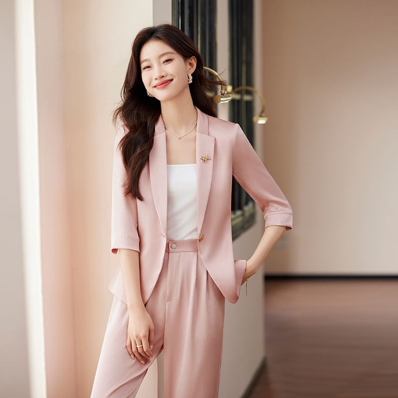 Elbow Sleeve Lapelled Plain Satin Single Breasted Blazer / High Waist Wide Leg Pants / Set