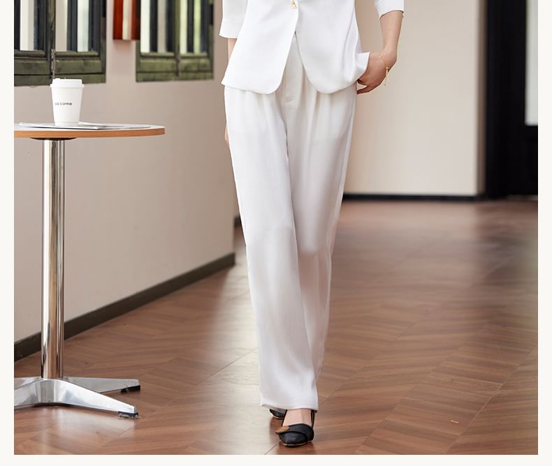Elbow Sleeve Lapelled Plain Satin Single Breasted Blazer / High Waist Wide Leg Pants / Set
