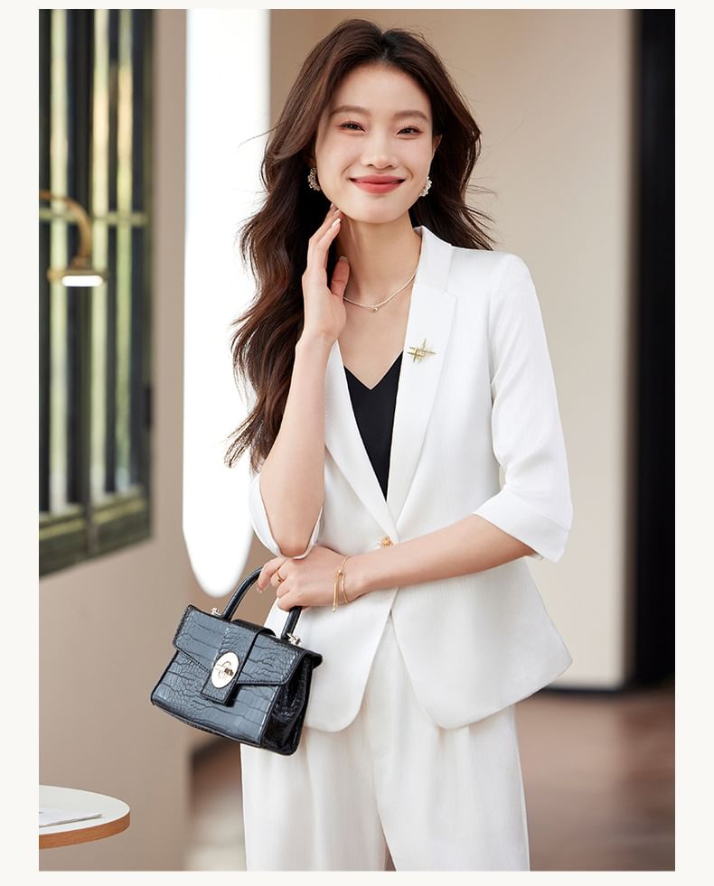 Elbow Sleeve Lapelled Plain Satin Single Breasted Blazer / High Waist Wide Leg Pants / Set