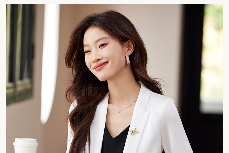 Elbow Sleeve Lapelled Plain Satin Single Breasted Blazer / High Waist Wide Leg Pants / Set