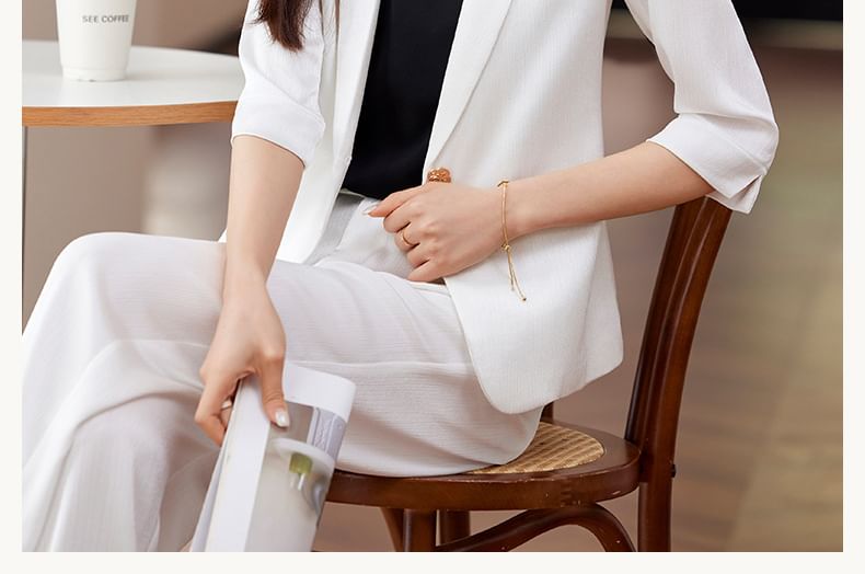 Elbow Sleeve Lapelled Plain Satin Single Breasted Blazer / High Waist Wide Leg Pants / Set