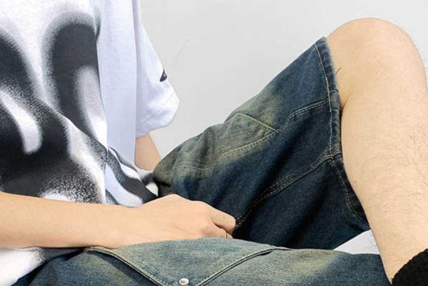 Mid Rise Washed Denim Wide Leg Jorts