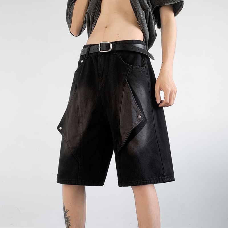Mid Rise Washed Denim Wide Leg Jorts