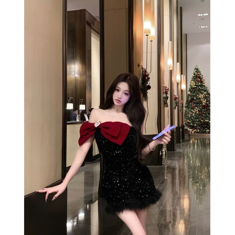 [M] Strapless Bow Sequined Fluffy Mini Bodycon Dress