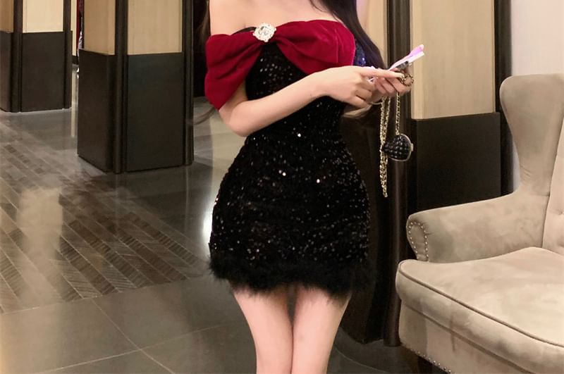 [M] Strapless Bow Sequined Fluffy Mini Bodycon Dress