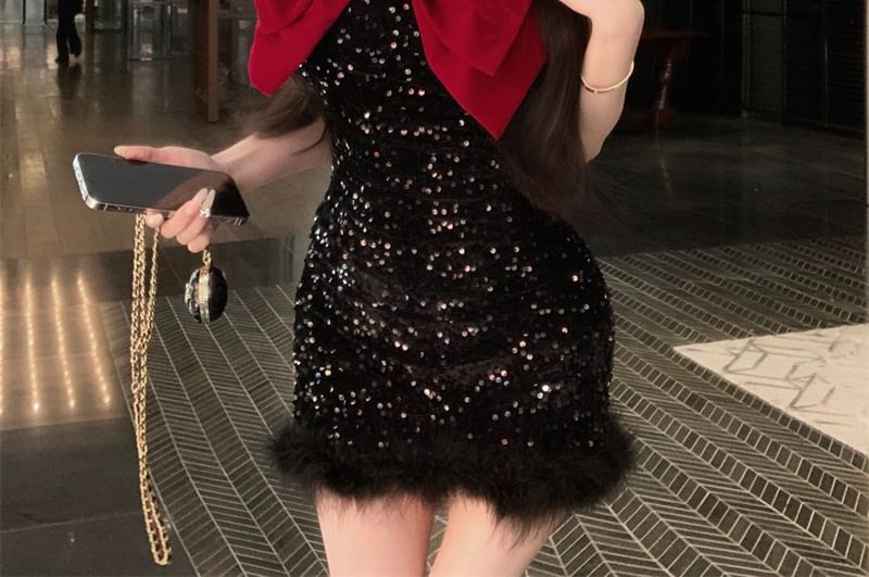 [M] Strapless Bow Sequined Fluffy Mini Bodycon Dress