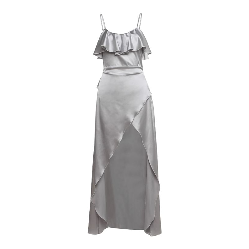 Spaghetti Strap Ruffled Plain Slit Maxi Bodycon Dress