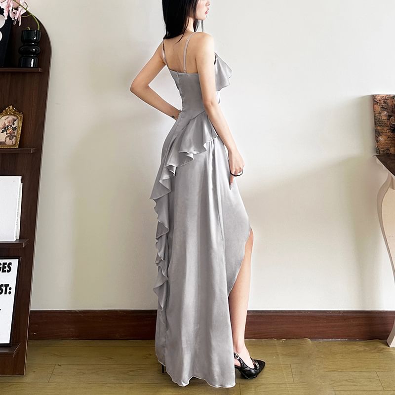 Spaghetti Strap Ruffled Plain Slit Maxi Bodycon Dress