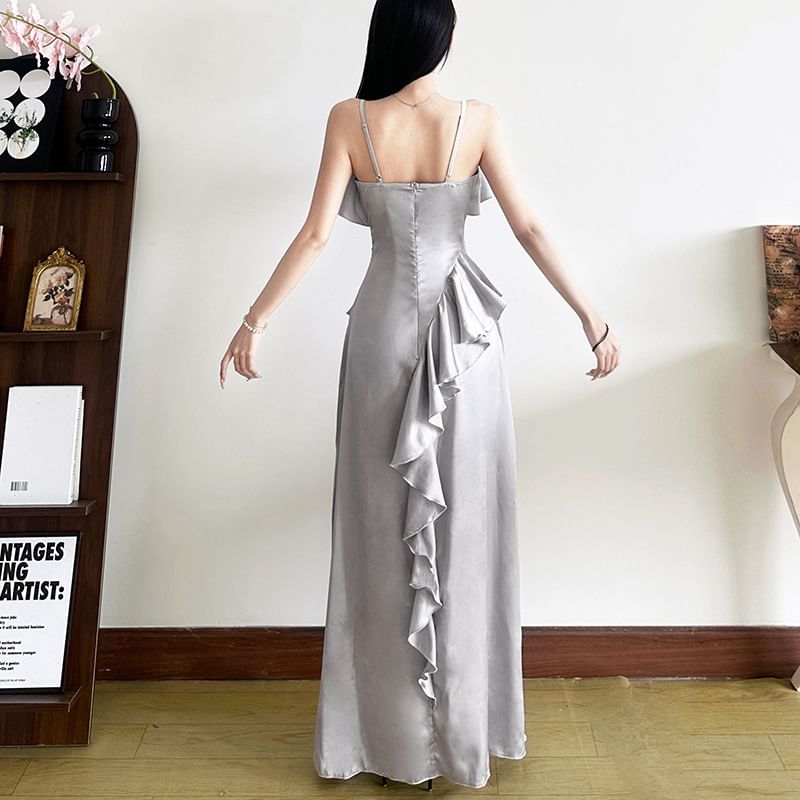 Spaghetti Strap Ruffled Plain Slit Maxi Bodycon Dress