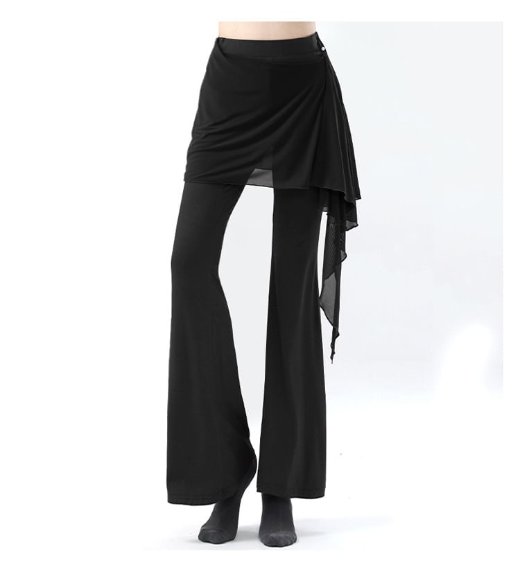 High Waist Plain Overlay Flared Dance Pants