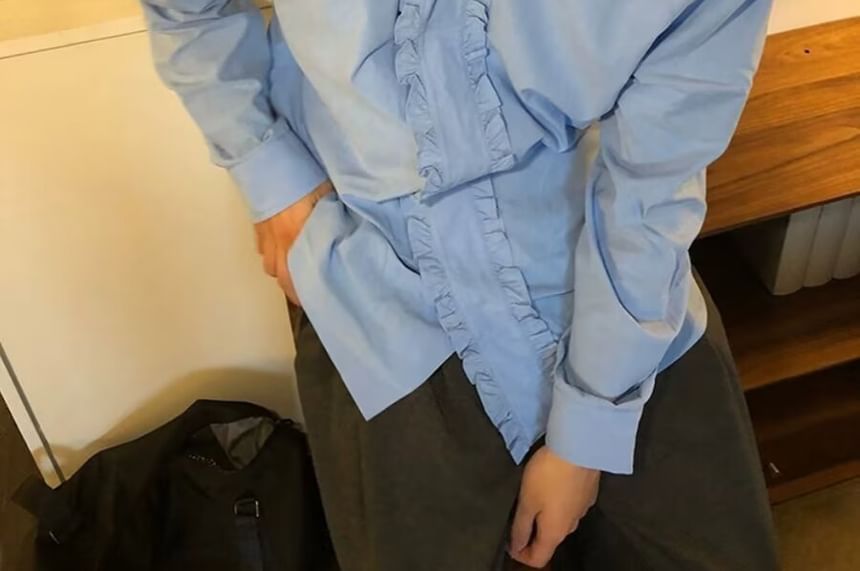 Long Sleeve Collared Plain Ruffle Shirt