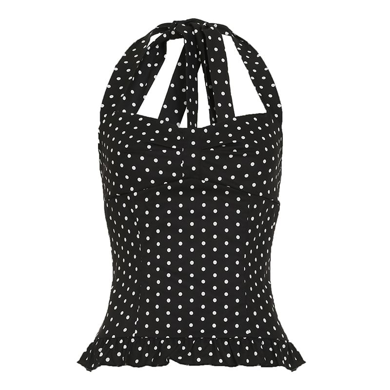 Halter Neck Dotted Ruffled Hem Slim-Fit Tank Top