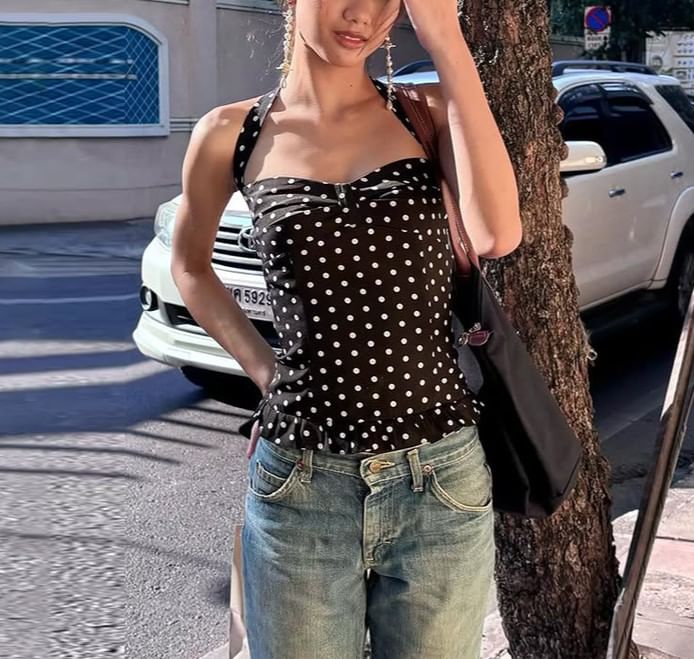 Halter Neck Dotted Ruffled Hem Slim-Fit Tank Top