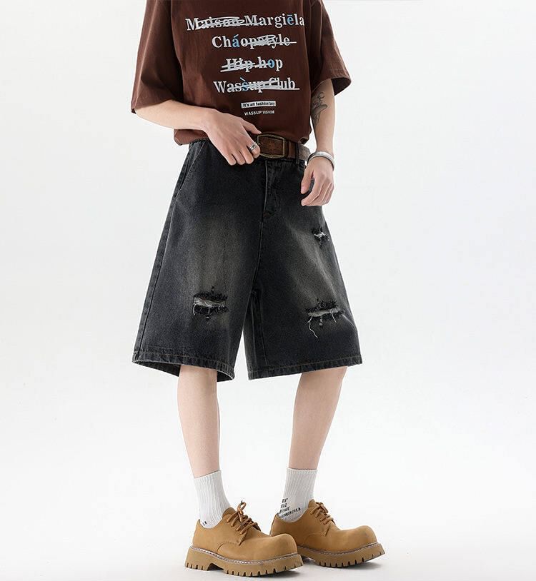 Mid Rise Washed Distressed Wide Leg Jorts