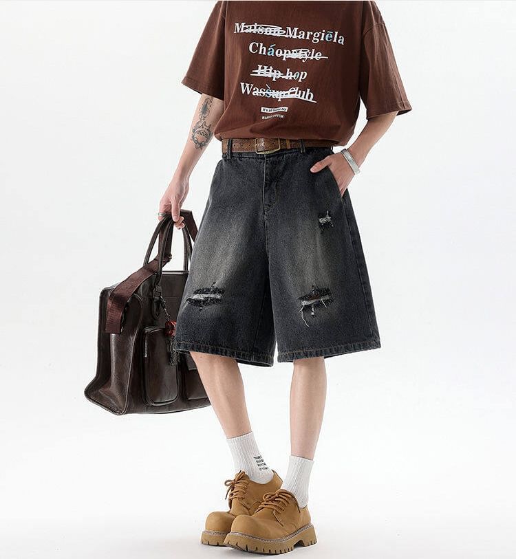 Mid Rise Washed Distressed Wide Leg Jorts