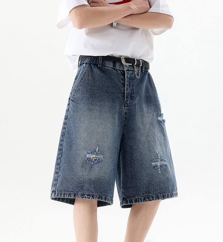 Mid Rise Washed Distressed Wide Leg Jorts