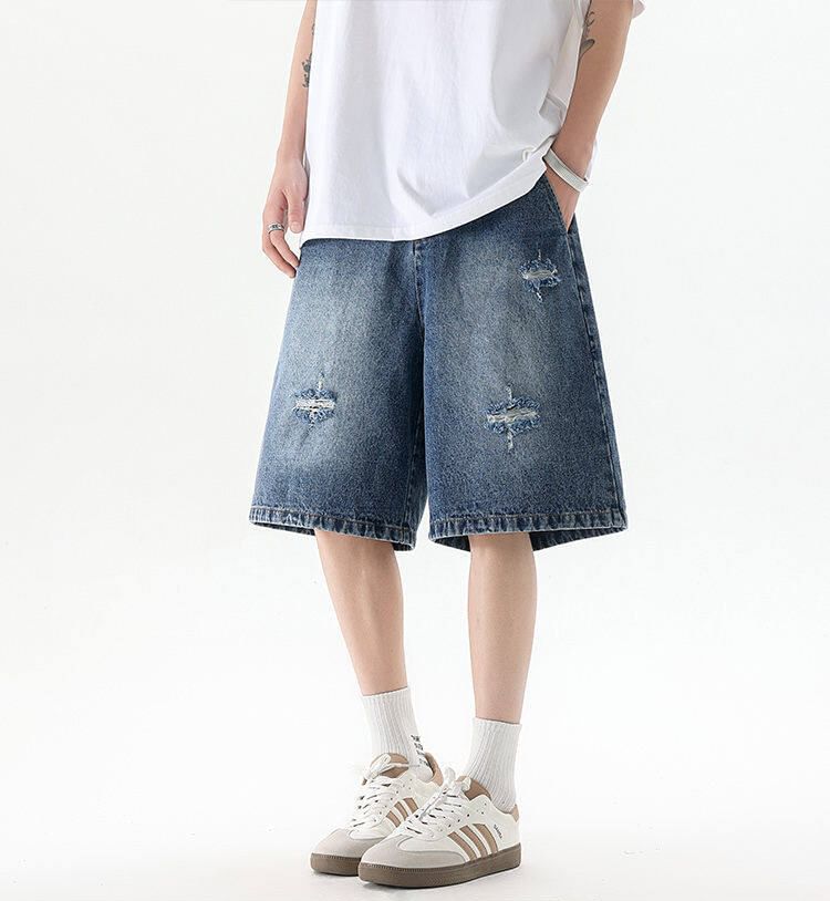 Mid Rise Washed Distressed Wide Leg Jorts