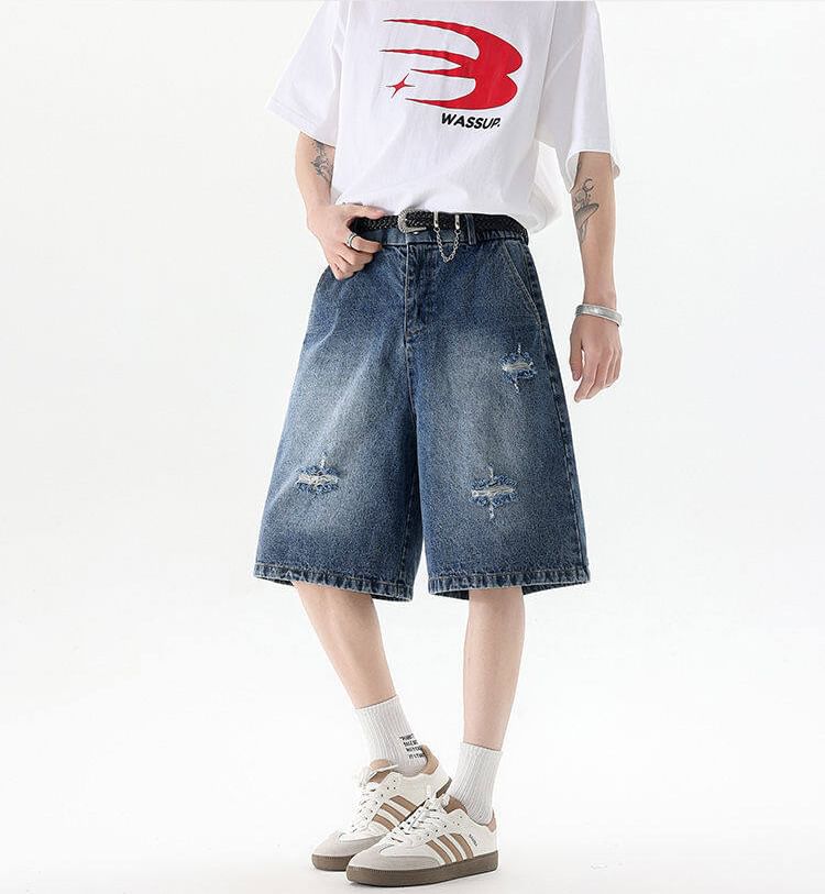 Mid Rise Washed Distressed Wide Leg Jorts