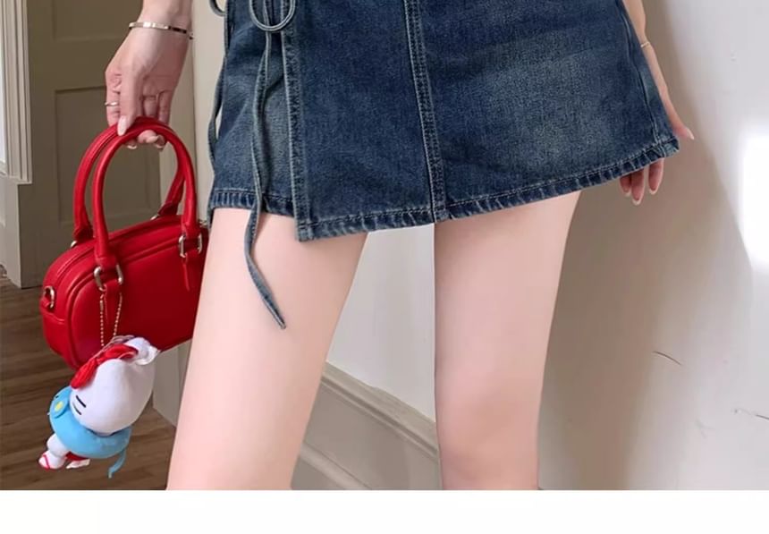 High Waist Asymmetrical Washed Denim Mini A-Line Skort