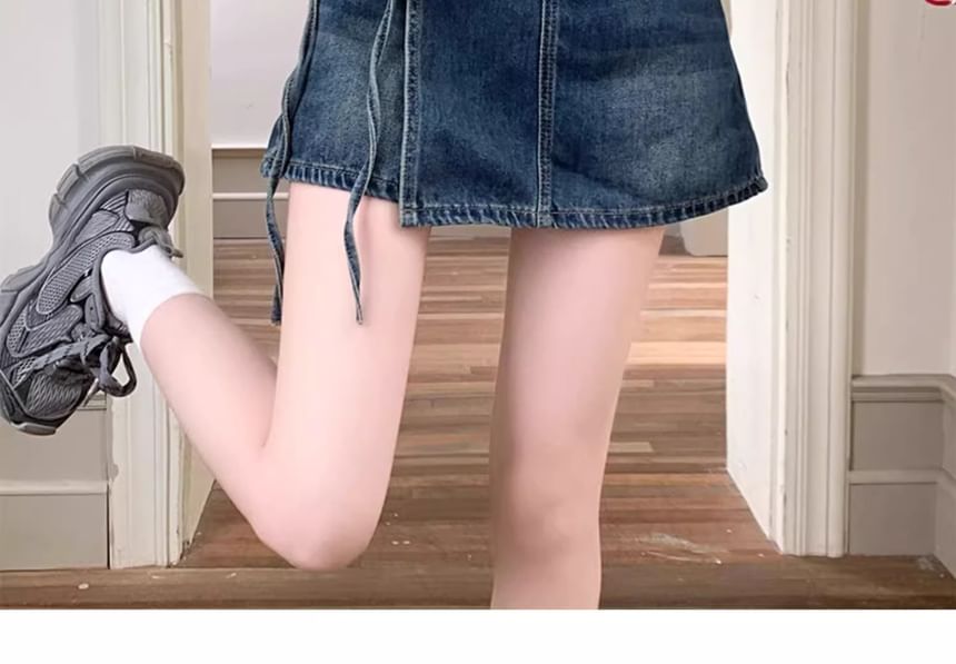 High Waist Asymmetrical Washed Denim Mini A-Line Skort