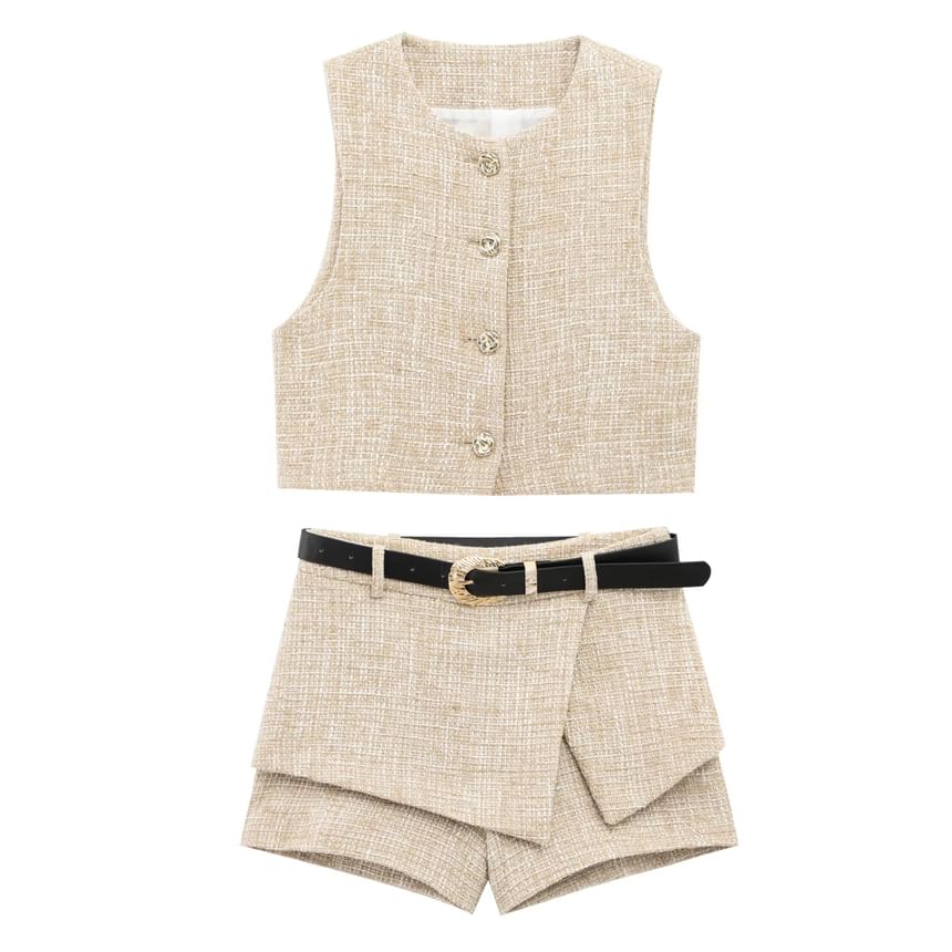 V-Neck Button-Up Vest / Mini Skirt Overlay Shorts