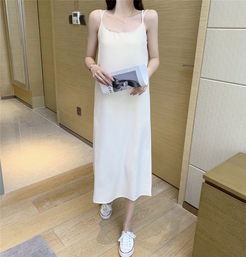 Spaghetti Strap Scoop Neck Plain Open Back Slit Midi Shift Dress