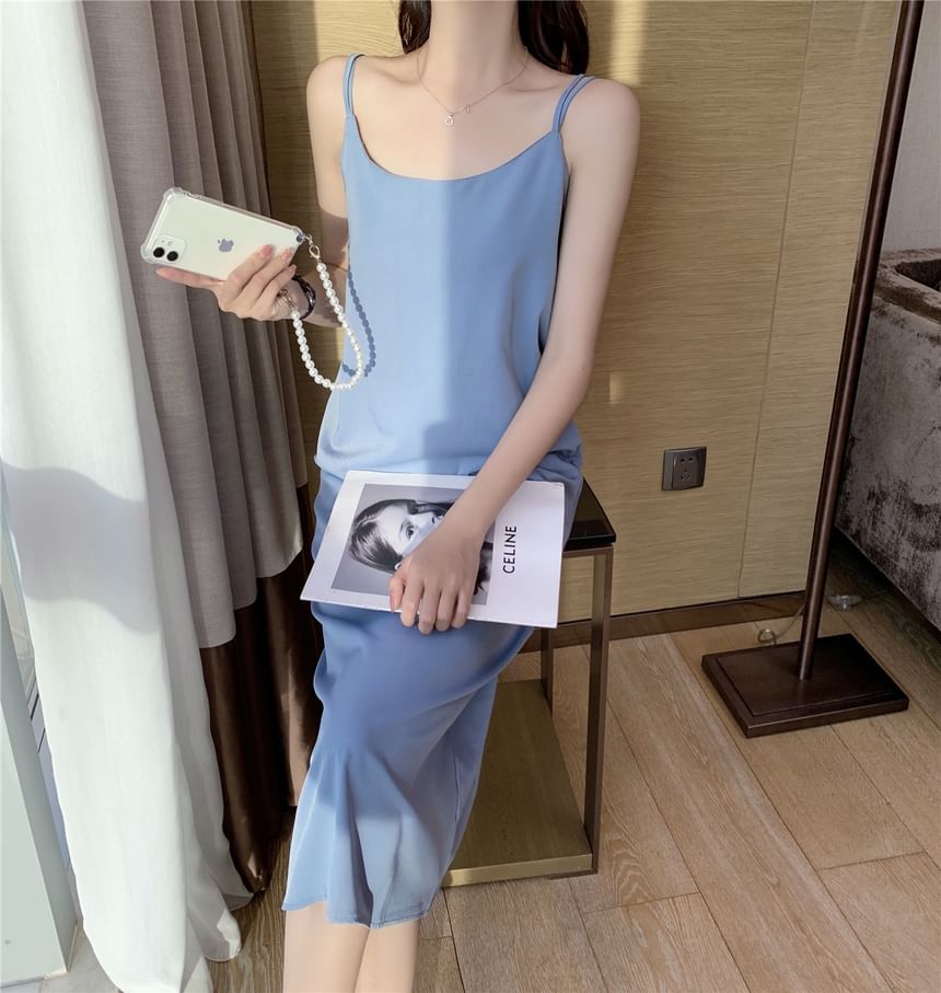 Spaghetti Strap Scoop Neck Plain Open Back Slit Midi Shift Dress