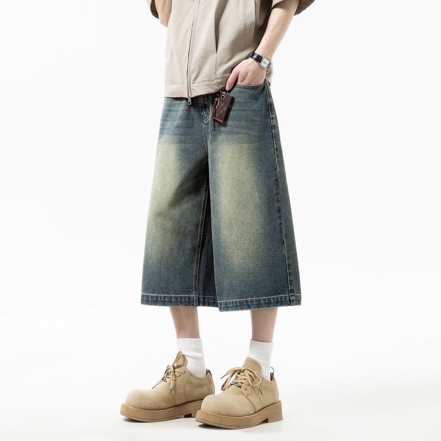Mid Rise Washed Wide Leg Jorts