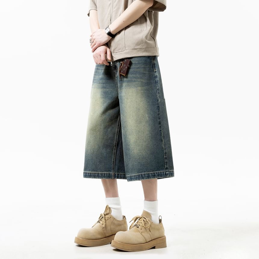Mid Rise Washed Wide Leg Jorts