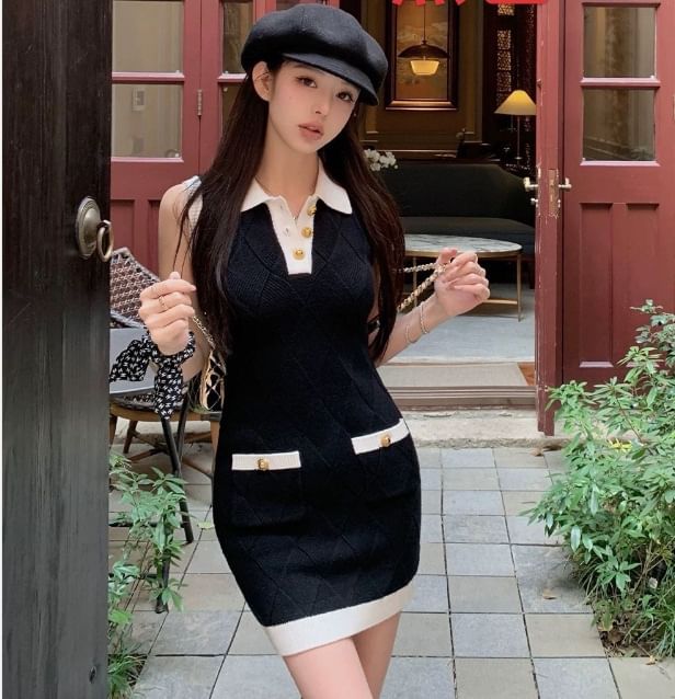 Sleeveless Collar Contrast Trim Mini Bodycon Dress