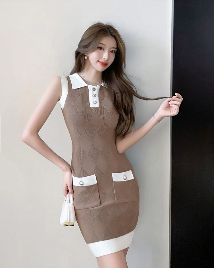 Sleeveless Collar Contrast Trim Mini Bodycon Dress