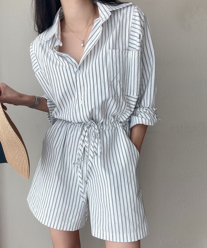 Long-Sleeve Henley Striped Pocket Front Romper