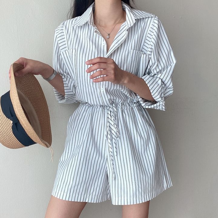 Long-Sleeve Henley Striped Pocket Front Romper