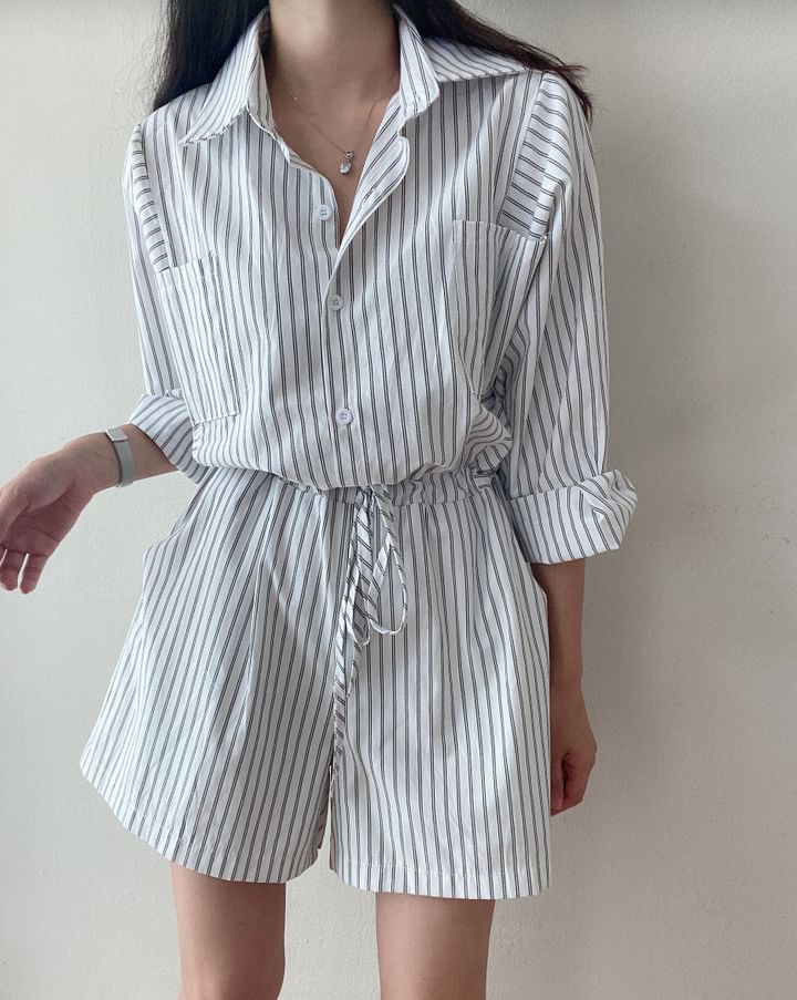 Long-Sleeve Henley Striped Pocket Front Romper