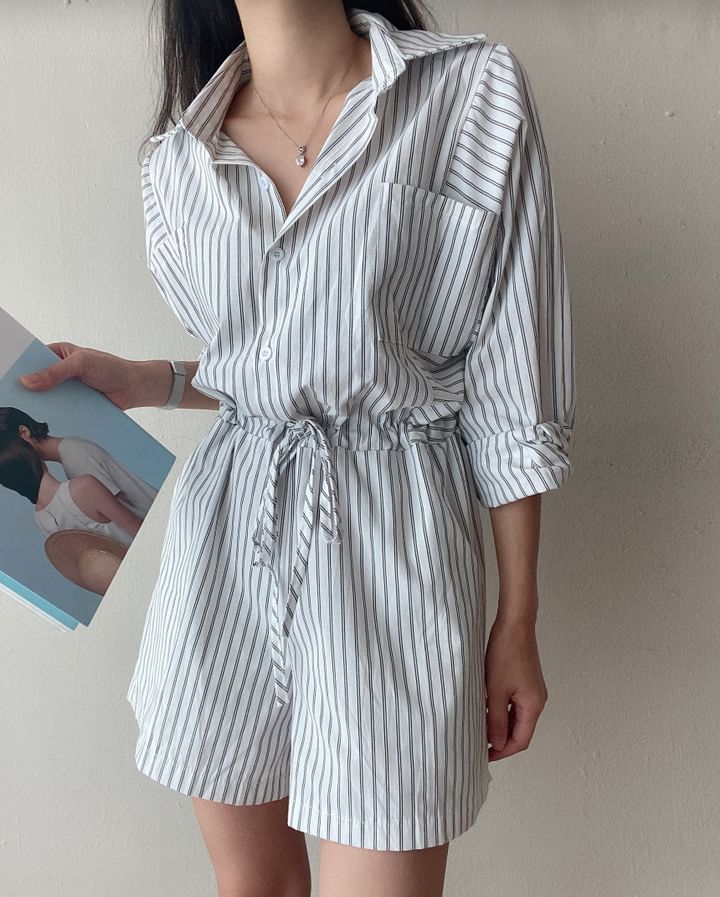 Long-Sleeve Henley Striped Pocket Front Romper