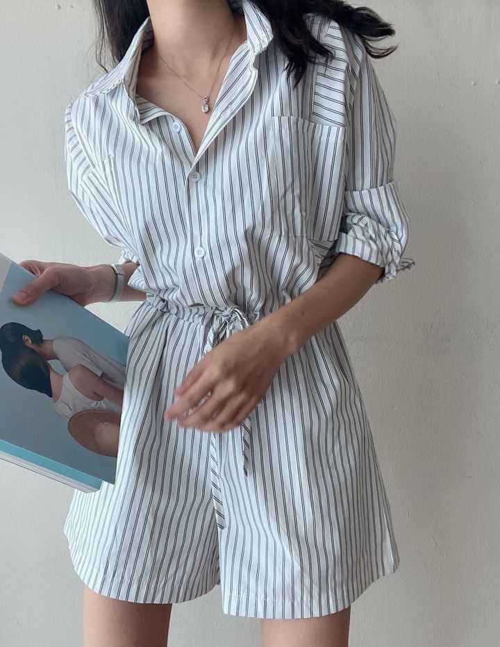 Long-Sleeve Henley Striped Pocket Front Romper