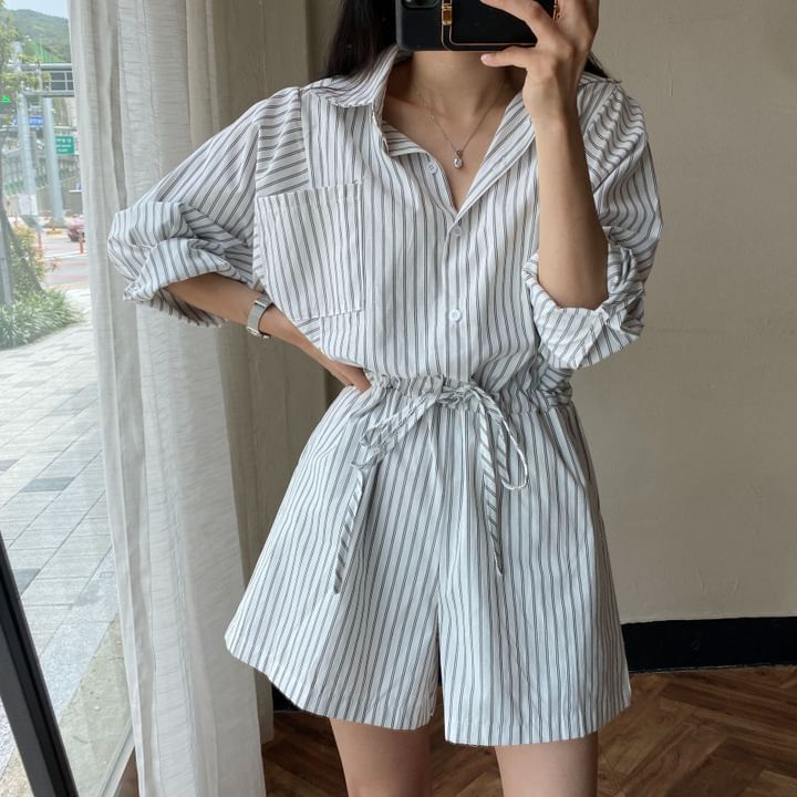 Long-Sleeve Henley Striped Pocket Front Romper