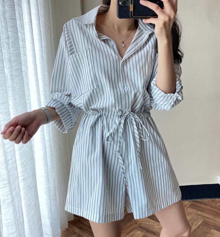 Long-Sleeve Henley Striped Pocket Front Romper
