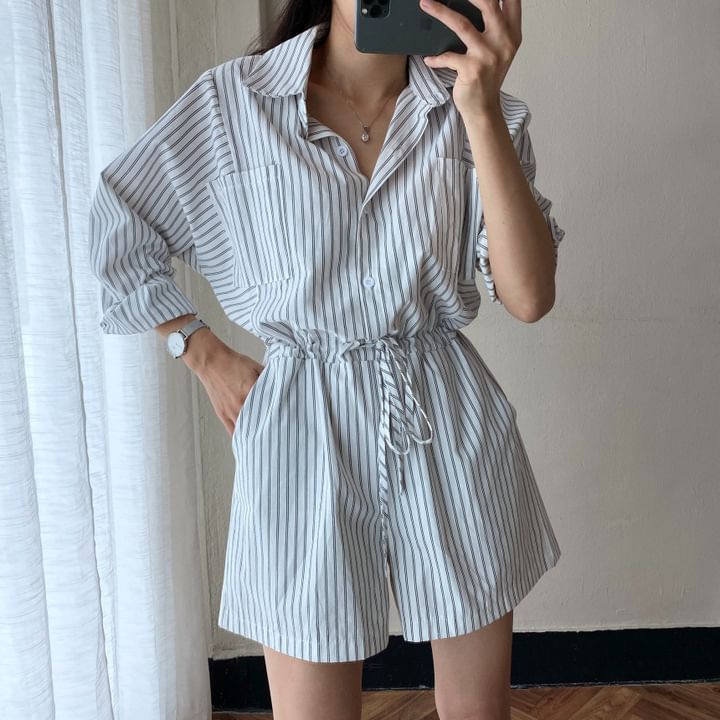 Long-Sleeve Henley Striped Pocket Front Romper